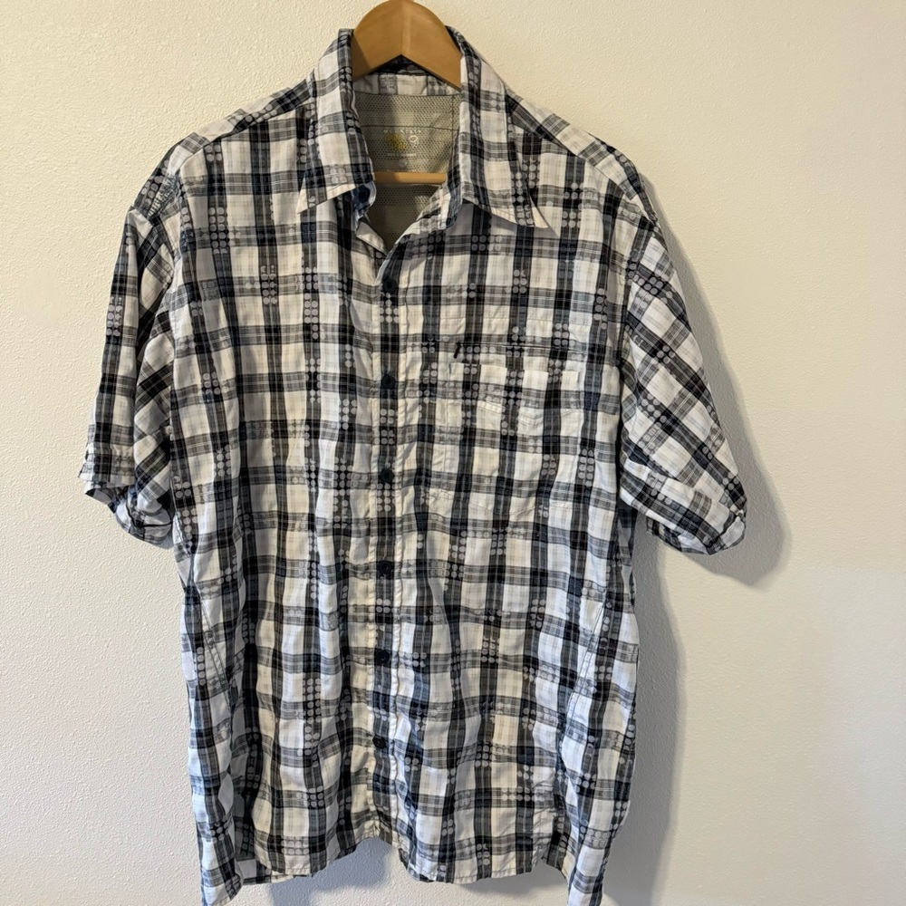 Mountain Hardwear Short Sleeve Plaid Button Hiking Fishing Shirt Black White-XL
